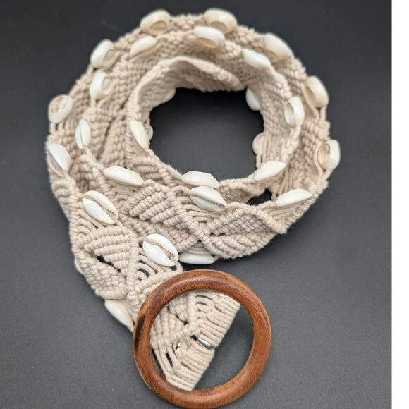 Macrame Belt Womens Large Braided Wood Buckle Woven Cotton Cowry Shells Beachy main image 4